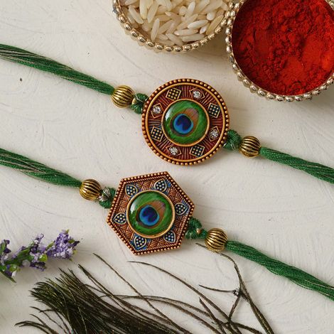 Peacock Feather Designer Rakhis for Brothers & Roli Chawal Pack (eCraftIndia) Set of 2