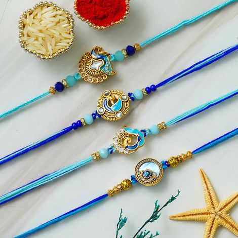 Peacock Designer Rakhis with Roli Chawal Pack for Brother, Bhaiya, Bhai, Bhabhi, and Kids (eCraftIndia) Set of 4