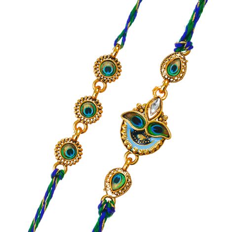 Peacock Beautiful Feather Designer Rakhis with Roli Chawal Pack | For Brother, Bhaiya, Bhai, Bhabhi, and Kids (eCraftIndia) Set of 2