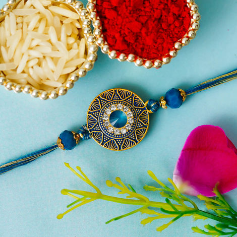 Stone Golden Blue Beads Diamond Designer Raksha Bandhan Rakhi for Bhaiya, Bhabhi, Bhai, and Kids | Roli Chawal Pack (eCraftIndia)