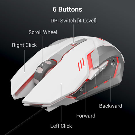 Zebronics Transformer-M Gaming Wired Mouse, 6 Buttons, Multicolor Led Lights,High-Resolution Sensor with max 3600 DPI, and DPI Switch - White