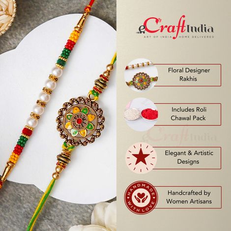 Floral Designer Rakhi for Brothers with Roli Chawal Pack (eCraftIndia) Set of 2