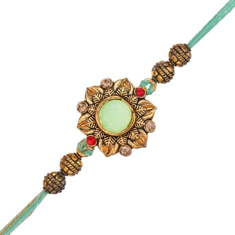 Floral Green Golden Flower Designer Rakhi for Brother, Bhaiya, Bhai with Roli Chawal Pack (eCraftIndia)