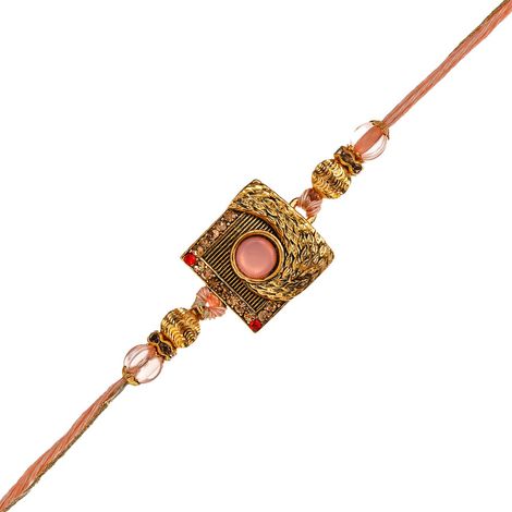 Stone Pastel Pink Golden Designer Fancy Raksha Bandhan Rakhi for Bhai Bhaiya | Roli Chawal Pack (eCraftIndia)