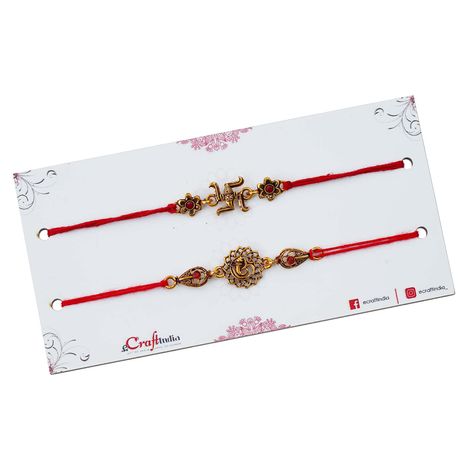 Religious Lord Ganesha, Swastika Symbol Religious Rakhis for Brothers & Roli Chawal Pack (eCraftIndia) Set of 2