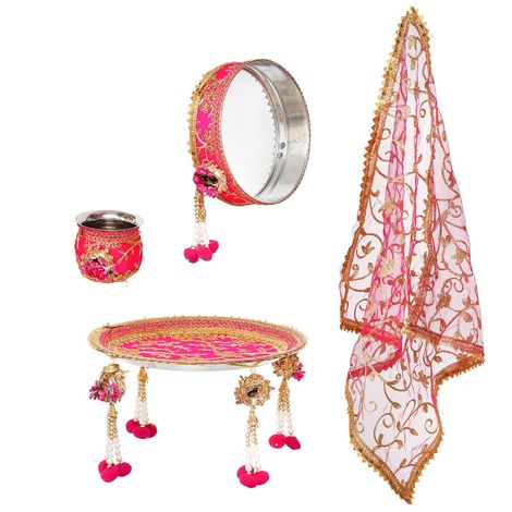 Karwa Chauth Pooja Thali Set - Floral Handcrafted | Pink & Golden | Stainless Steel | eCraftIndia