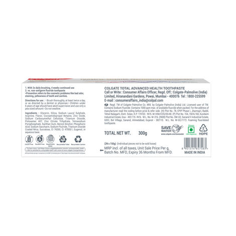Colgate Total Advanced Health Antibacterial Toothpaste, Whole Mouth Health (Combo Pack)
