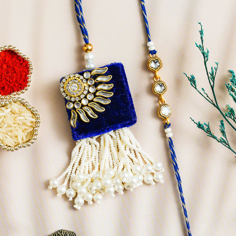 Bhaiya Bhabhi Blue Pearl Kundan Beads Designer Kundan Rakhis for Bhaiya and Bhabhi (eCraftIndia) Set of 2