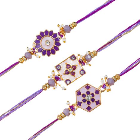 Floral Purple Designer Rakhi for Bhaiya, Bhai, Bhabhi and Kids with Roli Chawal Pack (eCraftIndia) Set of 3