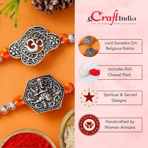 Religious Lord Ganesha, Om Symbol Religious Rakhis for Brothers & Roli Chawal Pack (eCraftIndia) Set of 2