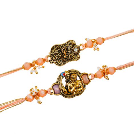 Religious Radha Krishna & Ganesha Rakhis with Roli Chawal Pack | Rakhi for Brother Bhaiya Bhai Bhabhi Kids (eCraftIndia) Set of 2