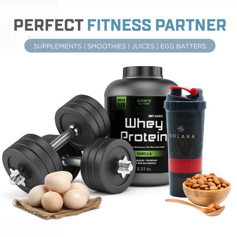 Solara Tritan Protein Shaker Bottle for Gym with Two Layer Extra Storage | Black and Red - 900 ml