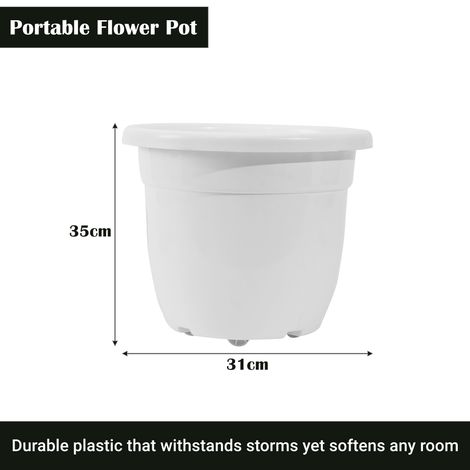 Kuber 14-Inch Plastic Plant Pot | Portable with Wheels | Indoor/Outdoor | White
