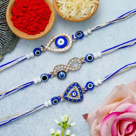 Evil Eye Diamond Rakhis with Roli Chawal Pack | For Brother Bhaiya Bhai Bhabhi Kids (eCraftIndia) Rakhi Set of 3