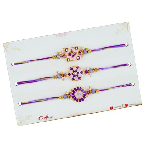 Floral Purple Designer Rakhi for Bhaiya, Bhai, Bhabhi and Kids with Roli Chawal Pack (eCraftIndia) Set of 3