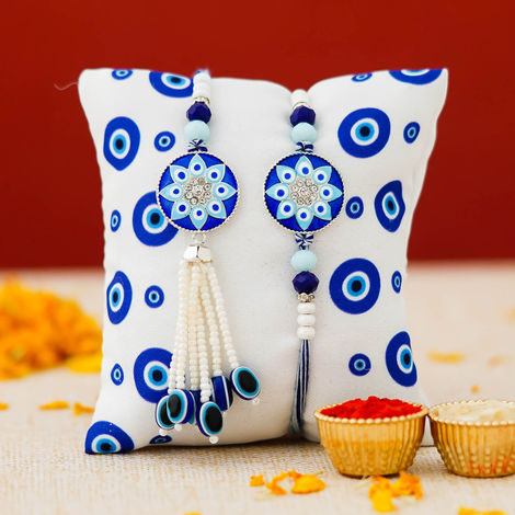 Bhaiya Bhabhi Floral Evil Eye Designer Lumba Rakhis for Bhaiya and Bhabhi (eCraftIndia) Set of 2