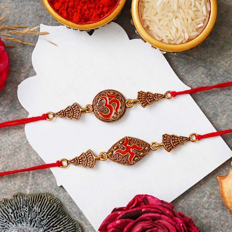 Religious Om and Swastika Symbol Religious Rakhis for Brothers & Roli Chawal Pack (eCraftIndia) Set of 2