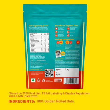 Yoga Bar Rolled Oats 1 kg Pouch Premium Golden Oats, Gluten Free, High Fibre, Non GMO
