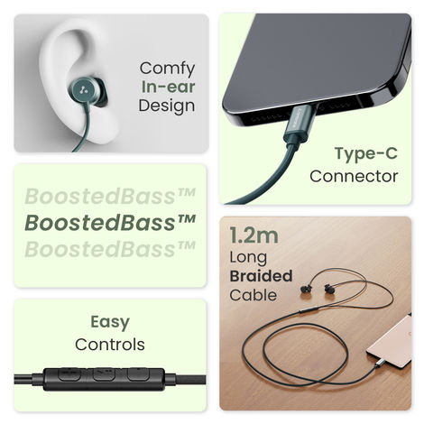 Ambrane Type C Wired Earphones With In-Line Mic, 10Mm Drivers, Control Buttons (Stringz 38C, Green)
