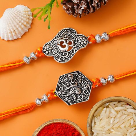 Religious Lord Ganesha, Om Symbol Religious Rakhis for Brothers & Roli Chawal Pack (eCraftIndia) Set of 2