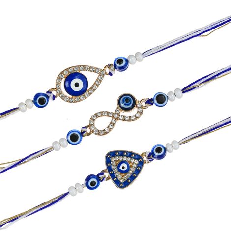 Evil Eye Diamond Rakhis with Roli Chawal Pack | For Brother Bhaiya Bhai Bhabhi Kids (eCraftIndia) Rakhi Set of 3