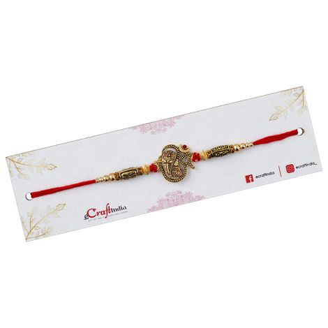 Religious Golden Beads, Om Symbol Designer Rakhi for Brother & Roli Chawal Pack (eCraftIndia)