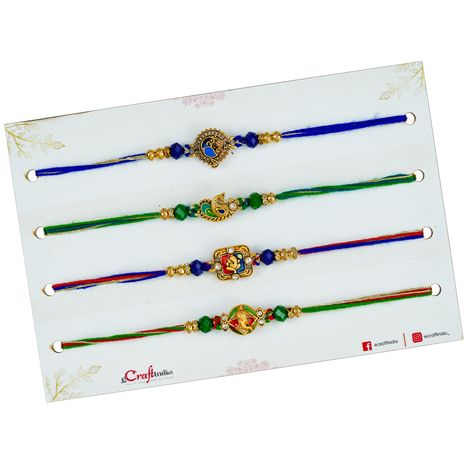Religious Ganesha and Peacock Designer Rakhis with Roli Chawal Pack | Rakhi for Brother Bhaiya Bhai Bhabhi Kids (eCraftIndia) Set of 4