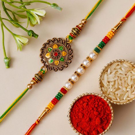 Floral Designer Rakhi for Brothers with Roli Chawal Pack (eCraftIndia) Set of 2