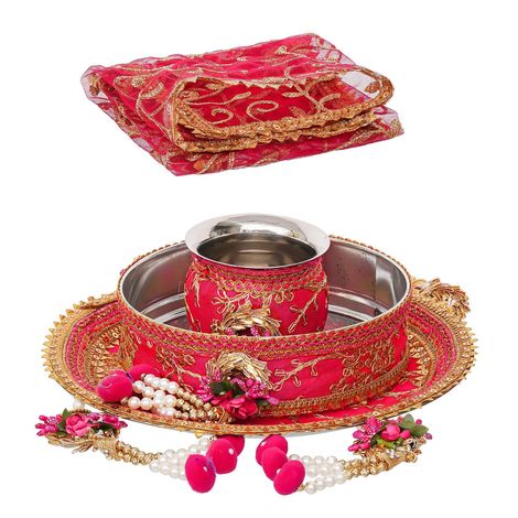 Karwa Chauth Pooja Thali Set - Floral Handcrafted | Pink & Golden | Stainless Steel | eCraftIndia