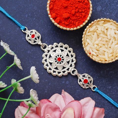 Floral Silver Rakhi for Brother with Roli Chawal Pack (eCraftIndia)