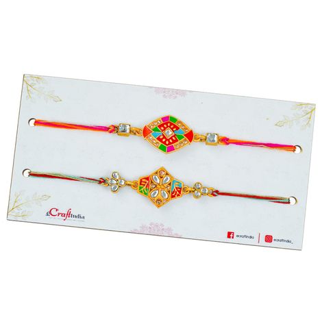 Kundan Multicolor Rakhis for Bhai, Bhaiya, Bhabhi and Kids with Roli Chawal Pack (eCraftIndia) Set of 2