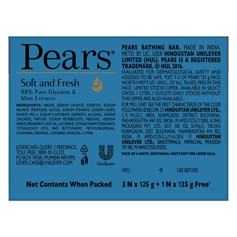 Pears Soft & Fresh Bathing Bar with 98% Pure Glycerine & Mint Extracts - For Fresh Glow