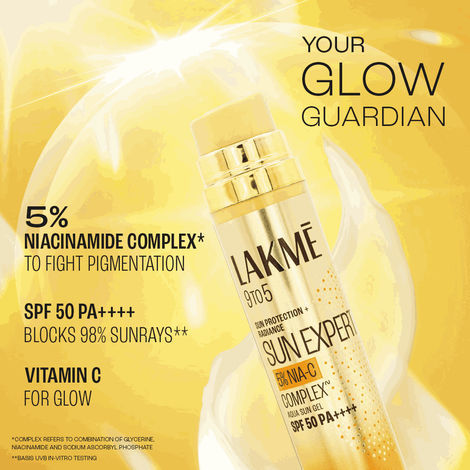 Lakme 5% Niacinamide and Vitamin C Water Light Sunscreen Gel SPF 50 PA++++ For Oily Skin 2X Glow