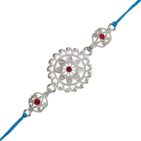 Floral Silver Rakhi for Brother with Roli Chawal Pack (eCraftIndia)