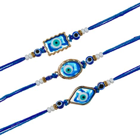 Evil Eye Floral Rakhis for Bhaiya, Bhai, Bhabhi and Kids with Roli Chawal Pack (eCraftIndia) Set of 3