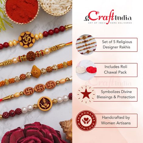 Religious Multicolor Om, Rudraksha, Swastik, Pearls, Ganesha Religious Designer Rakhis & Roli Chawal Pack (eCraftIndia) Set of 5