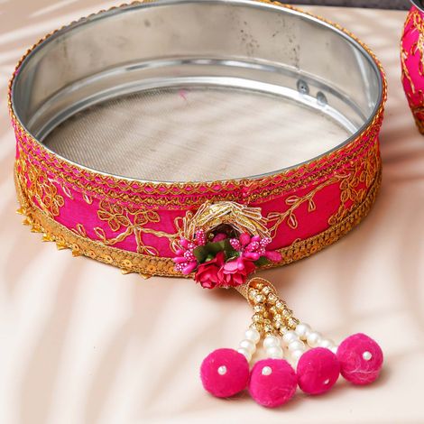 Karwa Chauth Pooja Thali Set - Floral Handcrafted | Pink & Golden | Stainless Steel | eCraftIndia