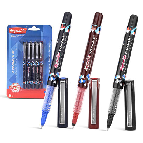 Reynolds Trimax Roller Ball Pen Set (5 Pens - 3 Blue Pens; 1 Black Pen; 1 Red Pen )