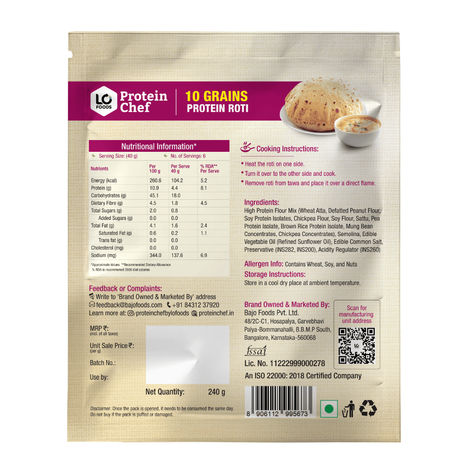Protein Chef 10 Grains Protein Roti | Non Frozen Fresh Whole Wheat | Ready to Cook Chapati