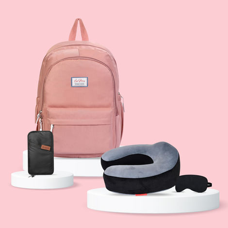 Lino Perros Pacman Pink Backpack (1pc) & Trajectory Travel Neck Pillow Memory Foam 3 In 1 Combo With Eye Mask And Carry Bag | Grey And Black (1pc) & Craloft Polyester Passport Holder Bag | Passport Wallet Pouch Cover | Unisex | Black (1pc) Combo