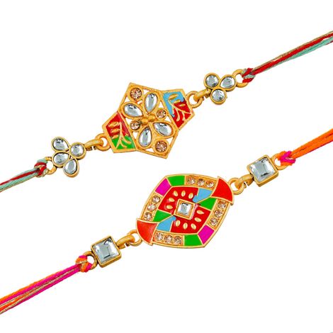 Kundan Multicolor Rakhis for Bhai, Bhaiya, Bhabhi and Kids with Roli Chawal Pack (eCraftIndia) Set of 2