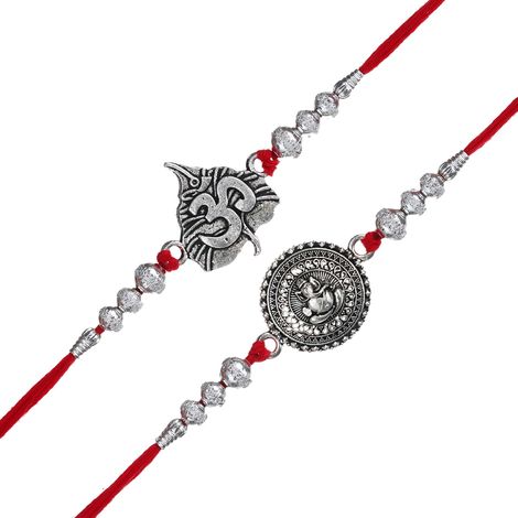 Religious Lord Ganesha and Om Symbol Religious Rakhis for Brothers & Roli Chawal Pack (eCraftIndia) Set of 2