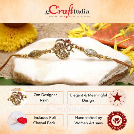 Religious Golden Beads, Om Symbol Designer Rakhi for Brother & Roli Chawal Pack (eCraftIndia)