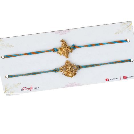 Religious Blue, Orange & Golden Religious Lord Krishna & Lord Ganesha Rakhis & Roli Chawal Pack (eCraftIndia) Set of 2