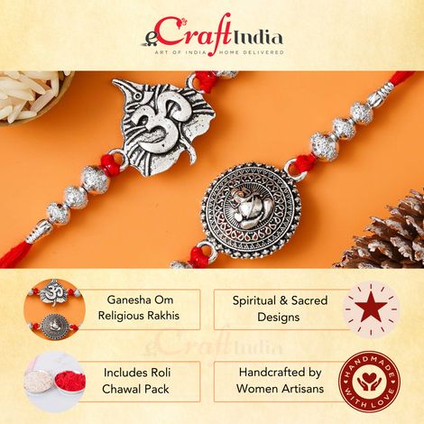 Religious Lord Ganesha and Om Symbol Religious Rakhis for Brothers & Roli Chawal Pack (eCraftIndia) Set of 2