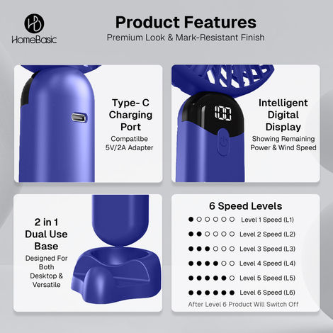 HomeBasic Air Swirle USB Portable Fan, 4500RPM, 2 in 1 Design, 6 Speed modes, LED Display, Blue