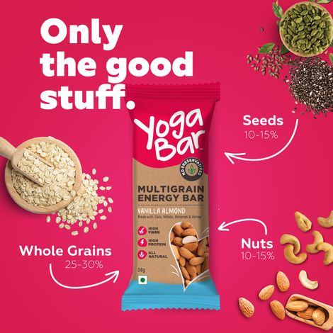 Yogabar Multigrain Energy Bars Vanilla Almond, Nuts, Oats and Millets, Gluten Free, Protein Bar