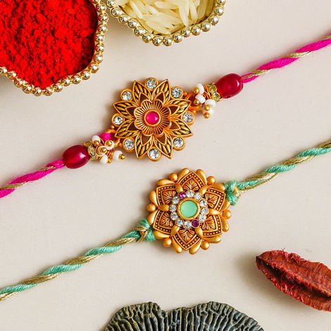 Floral Beads Diamond Rakhi for Brother and Bhabhi with Roli Chawal Pack (eCraftIndia) Set of 2