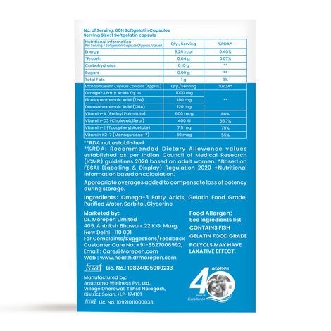 Dr. Morepen Omega-3 Fish Oil 1000mg Capsules with Vitamin A,E & D3 No Fishy Burps