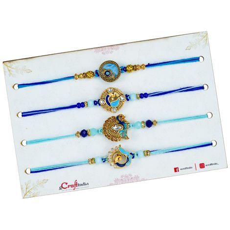 Peacock Designer Rakhis with Roli Chawal Pack for Brother, Bhaiya, Bhai, Bhabhi, and Kids (eCraftIndia) Set of 4